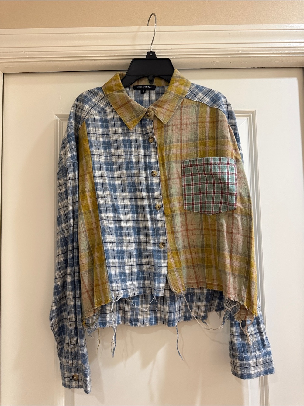 Papermoon Mixed Plaid Cropped Shirt in Blue & Mustard